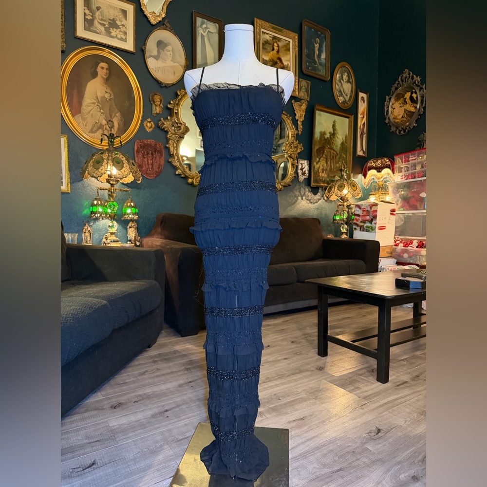 The Commense Black Sheer Crimped Midi Dress with Stripes of Tinsel and Ruffle